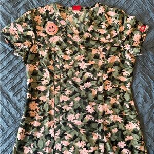 Floral Camouflage Scrub Top with Pink Accents